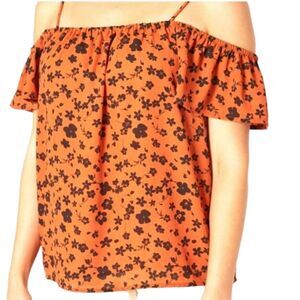 PLEIONE Burnt Orange & Black Floral Print Polyester Cold Shoulder Blouse Size S